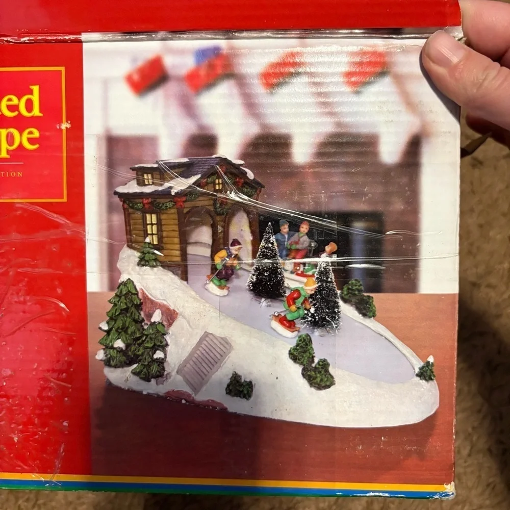 Vintage Animated Ski Slope Christmas Village Decor Skiing Sliding